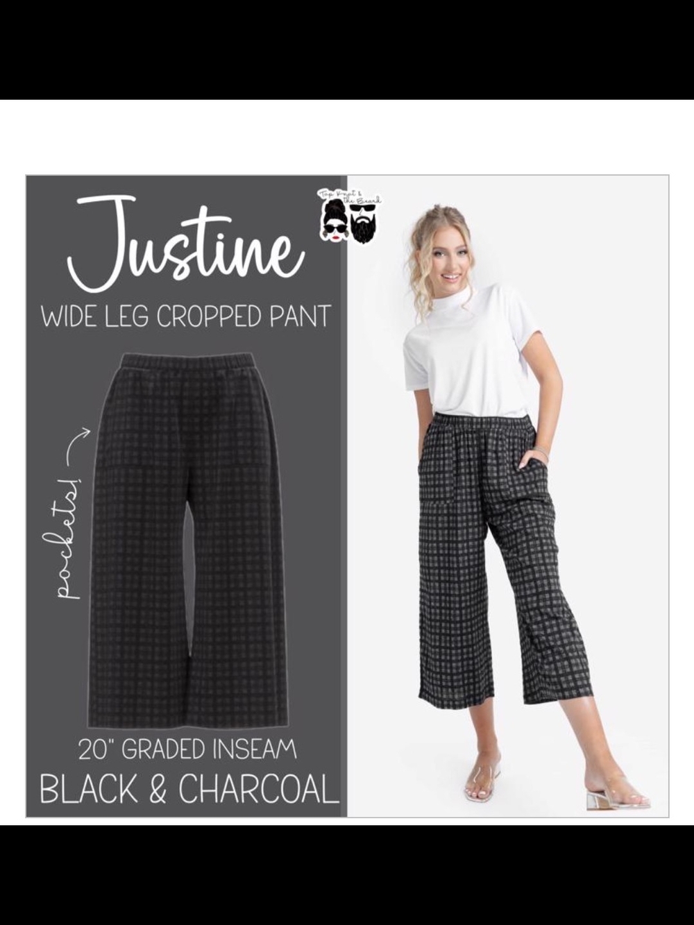 LuLaRoe Justine Wide Leg Cropped Pants in Black & Charcoal Plaid